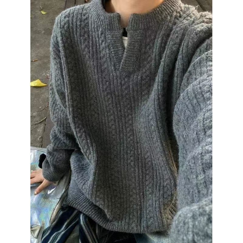 Vintage Fried Dough Twists Design Sweater Henry Collar Loose Pullover Knit_viptrois.com