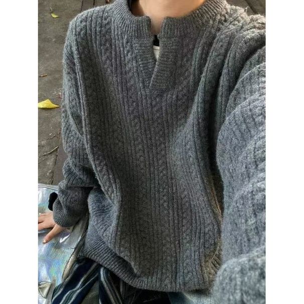 Vintage Fried Dough Twists Design Sweater Henry Collar Loose Pullover Knit_viptrois.com