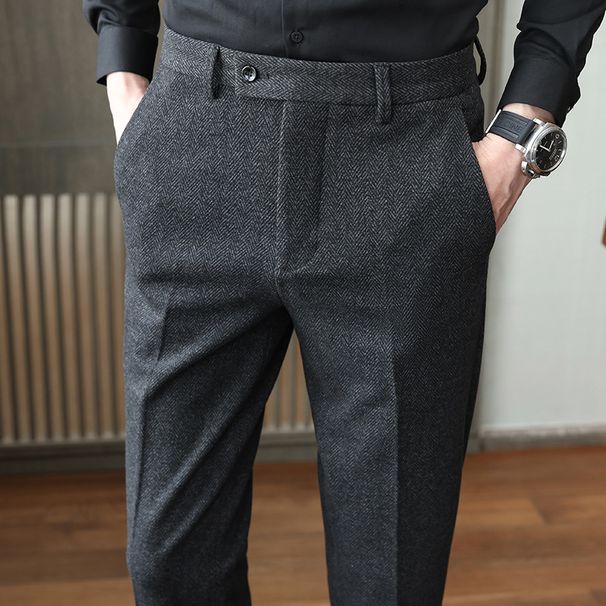 Men’s Herringbone Wool-Blend Dress Pants – Slim Fit Business Casual Trousers (Stretch Comfort, All-Season Versatility)_viptrois.com