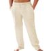 Men's Clothing Men's Linen Casual Elastic Waist Solid Color Loose Straight Drawstring Breathable Fashion Trousers_viptrois.com