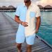 Men's Clothing Jacquard Color Matching Pocket Short Sleeved Shorts Lapel Shirt Casual Suit_viptrois.com