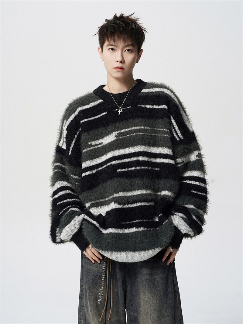 Mohair Round Neck Sweater Casual Contrasting Striped Knit Sweater Loose Couple Base Shirt_viptrois.com