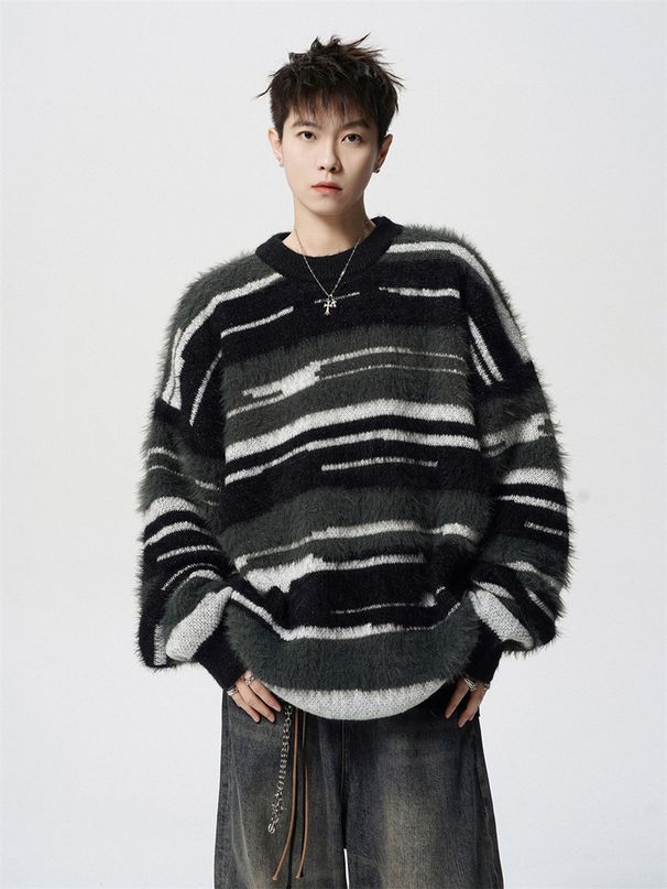 Mohair Round Neck Sweater Casual Contrasting Striped Knit Sweater Loose Couple Base Shirt_viptrois.com