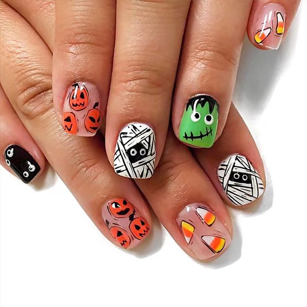 Wearing Manicure Finished Halloween Mummy Multi-Eye Orange Pumpkin Head Wearing Manicure Patch Foreign Trade 24 Pieces_viptrois.com