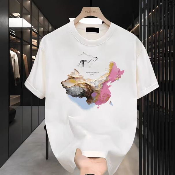 Men's Clothing Summer Thin Fashion Print Casual Cotton Round Neck Half Sleeved Top Ins_viptrois.com