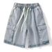 Trendy Men's Casual Workwear Denim Shorts, Summer Multi Mouth Bag, Elastic Waist, Work Wear Capris_viptrois.com