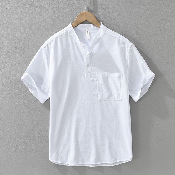 Cotton And Linen Pullover Short Sleeved Shirt For Men, Versatile Artistic And Casual Loose Stand Up Collar Top_viptrois.com