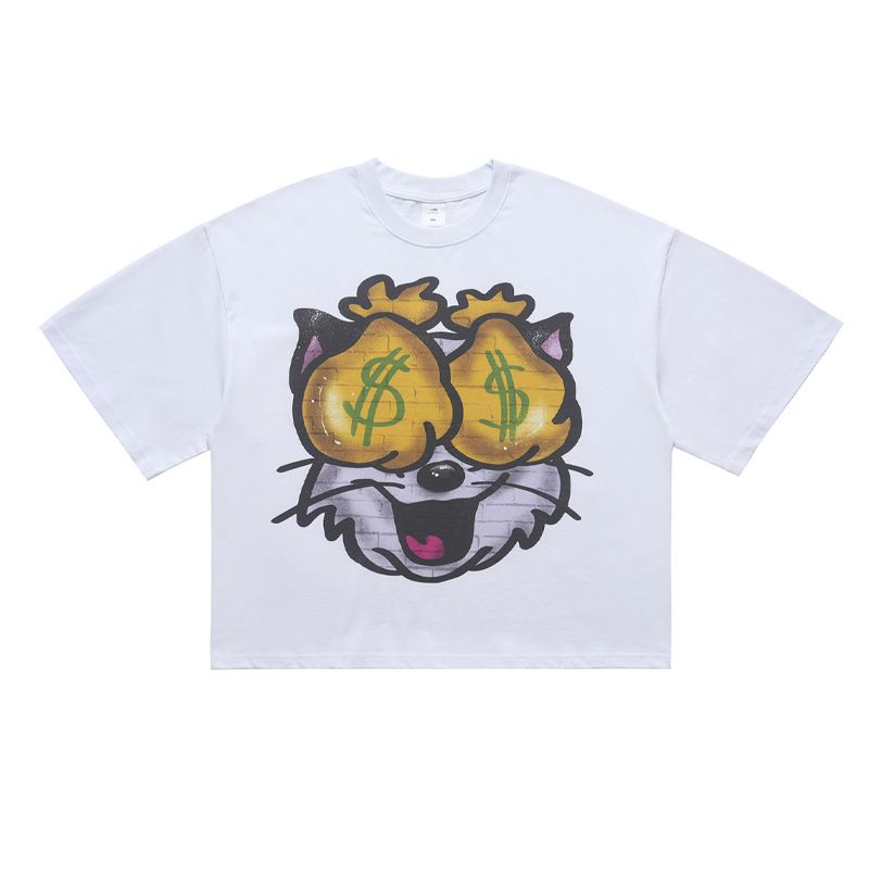 American Street Style Abstract Cat Direct Print Sleeve T-Shirt Unisex Loose Drop Shoulder Short Top_viptrois.com