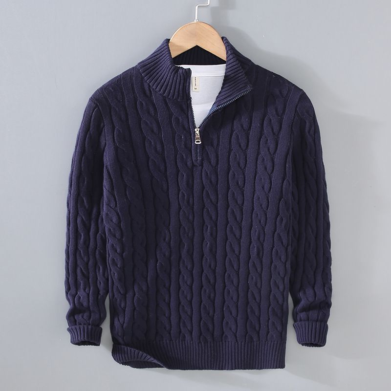 Men's Chunky Knit Sweater – Half-Zip Cable Pullover | 100% Cotton Winter Thermal For Casual & Smart Looks (Gray/Navy/Black, M-3XL)_viptrois.com
