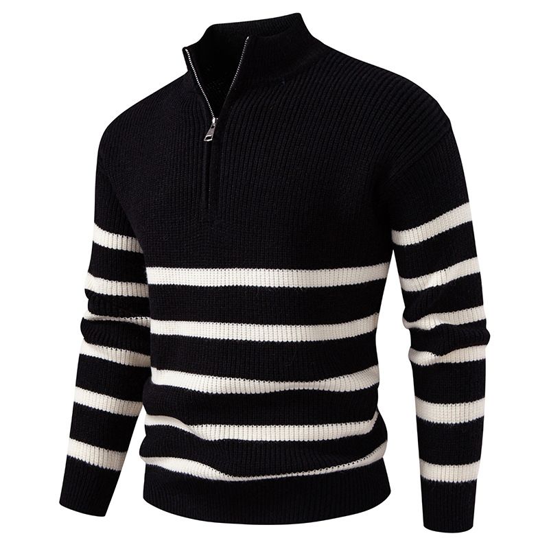 Men's Half-Zip Stripe Knit Sweater – Stand Collar Pullover With Modal-Spandex Blend (Breathable, Anti-Pilling, Relaxed Fit, Machine Washable)_viptrois.com