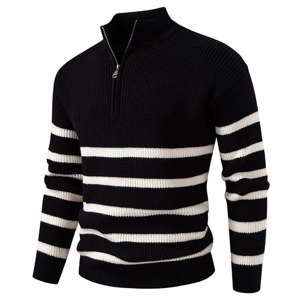 Men's Half-Zip Stripe Knit Sweater – Stand Collar Pullover With Modal-Spandex Blend (Breathable, Anti-Pilling, Relaxed Fit, Machine Washable)_viptrois.com