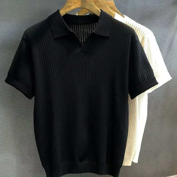 Men's Khaki V Neck Shirt Hollowed Out Ice Silk Knit Short Sleeve Turn Down Collar Summer Top Mature Style T-Shirt_viptrois.com