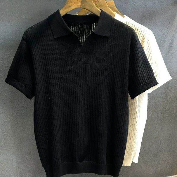 Men's Khaki V Neck Shirt Hollowed Out Ice Silk Knit Short Sleeve Turn Down Collar Summer Top Mature Style T-Shirt_viptrois.com