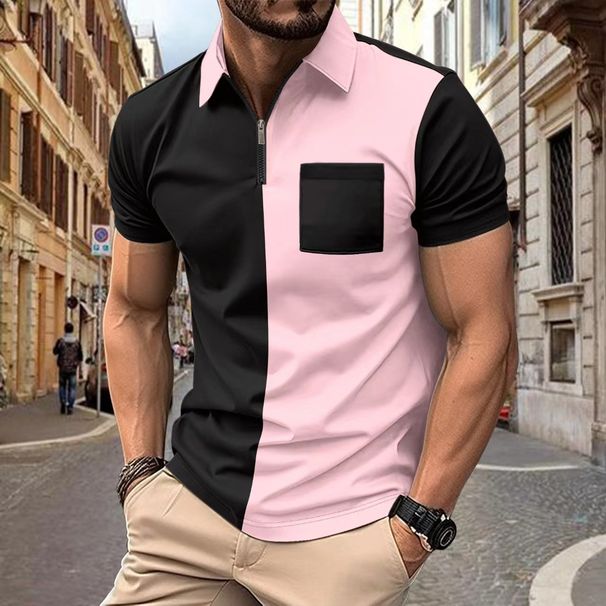 Men's Polo Shirt Chest Pocket Color Matching Zipper Casual Fashion Short Sleeved T Shirt Men_viptrois.com