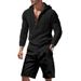 Men's Casual Linen Hooded Suit Summer Trendy Beach Wear Loose Fit Long Sleeved Shorts Black Gray Khaki American Style_viptrois.com