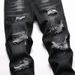 Men's Clothing Stock Summer Black Casual Youth Trousers Non Elastic Mid Waist Multi Hole Straight Jeans_viptrois.com