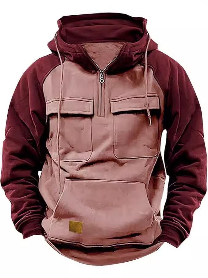 Men's Clothing Half Zip Multi Pocket Workwear Men's Half-Zip Multi-Pocket Workwear Jacket Retro Color Block Stand Collar Hoodie Autumn Casual Coat_viptrois.com