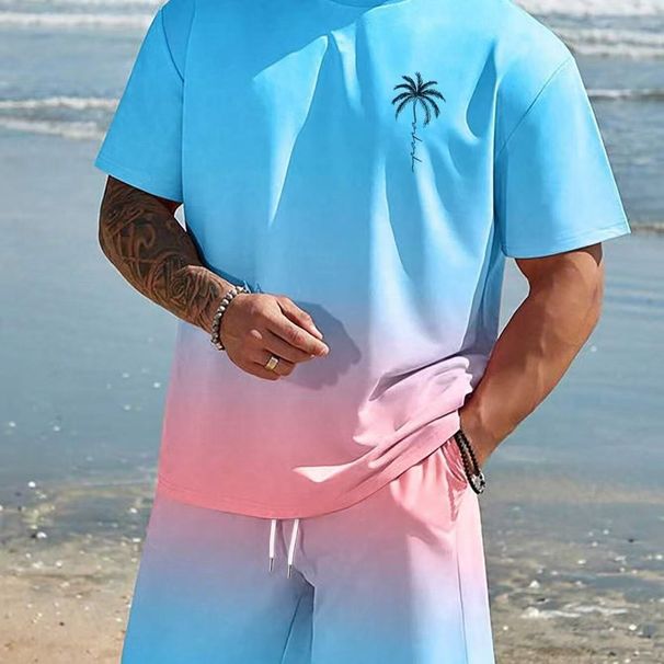 Men's Gradient Coconut Tree Beach 3D Print Short Sleeve Shirt And Shorts Set Trendy Summer Vacation Clothing_viptrois.com