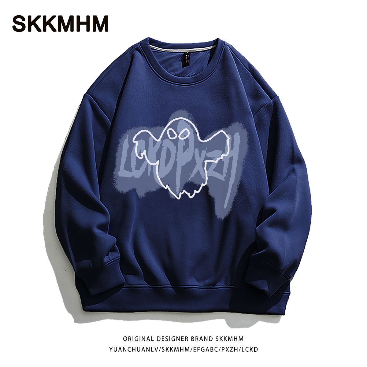 Pure Cotton American Loose Vibe College Style Ghost Crew Neck Sweater 2024 Autumn New Chic Lazy On Clothes_viptrois.com