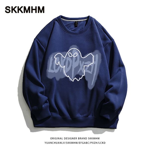 Pure Cotton American Loose Vibe College Style Ghost Crew Neck Sweater 2024 Autumn New Chic Lazy On Clothes_viptrois.com