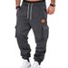 Urban Style Cargo Pants For Men With Leather Logo Patch, Multi-Pocket Design & Drawstring Waist - Comfortable & Trendy Casual Trousers_viptrois.com