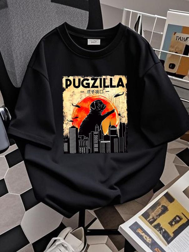 Funny Pug Tshirt, Pugzilla Tshirt, Funny Dog Pug T-Shirt Adults Comfortable Casual Stretched Slightly Fashion Summer Unisex Soft Streetwear_viptrois.com