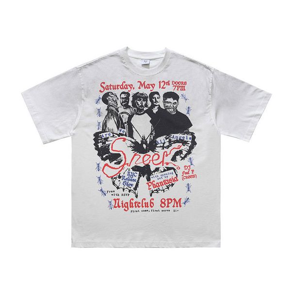 American Sree Syle Spray-pained Faded Pure Coon 300g Disressed Ripped Men's Loose Casual Shor-sleeve_viptrois.com