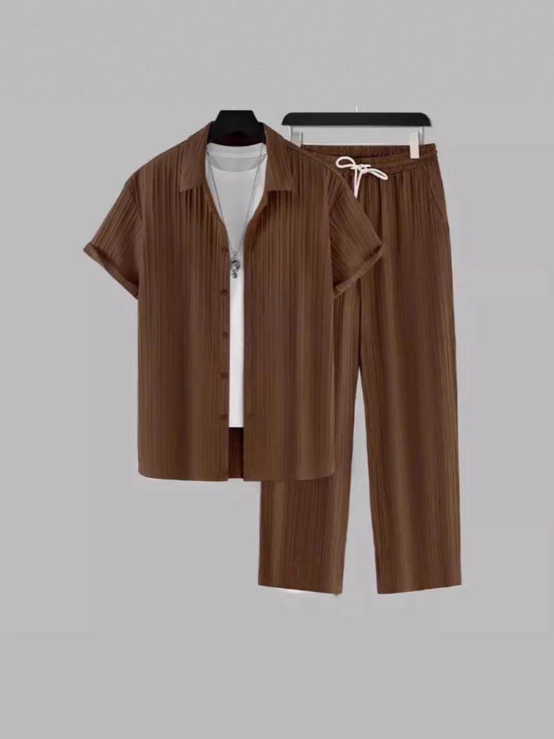 Men’s Striped Short-Sleeve Shirt & Drawstring Pants Set – Casual Business Casual Outfit (S-XXL)_viptrois.com