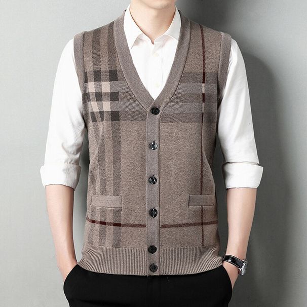 Men's Jacquard Knit Vest – V-Neck Sleeveless Sweater (Red/Gray/Khaki/Black, M-XXXL)_viptrois.com