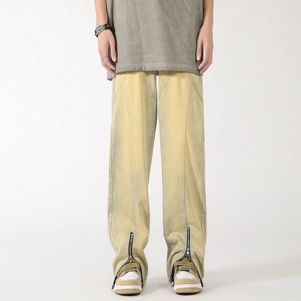 Men's Slightly Flared Loose Straight Leg Jeans High Street Style Summer Vibe Design Zipper Trousers_viptrois.com