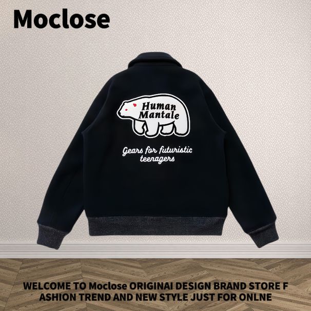 Men's Clothing retro polar bear embroidered letters spring and autumn men's and women's woolen lapel work jacket_viptrois.com