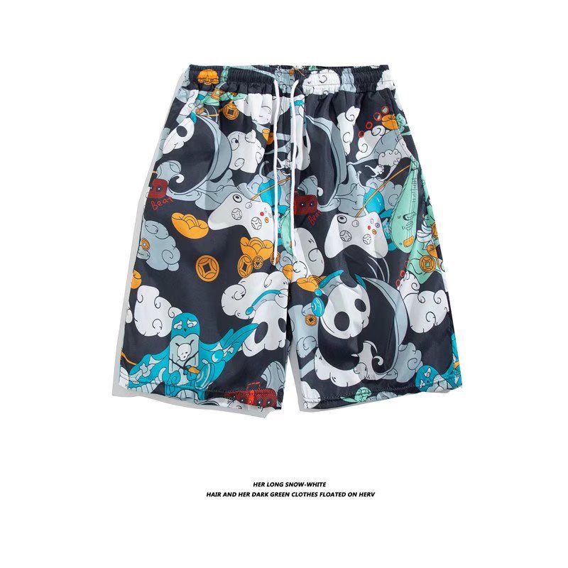 Men's Floral Shorts Quick-Drying Thin Fashionable Versatile Hawaiian Panda Print Five-Point Beach Shorts_viptrois.com