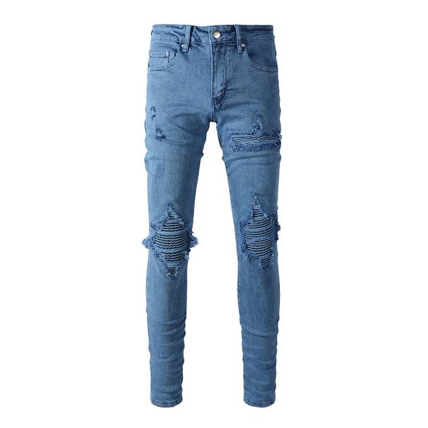 Men's Clothing same style cat whisker wrinkled blue patchwork hole elastic slim fit skinny jeans jeans_viptrois.com