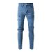 Men's Clothing same style cat whisker wrinkled blue patchwork hole elastic slim fit skinny jeans jeans_viptrois.com