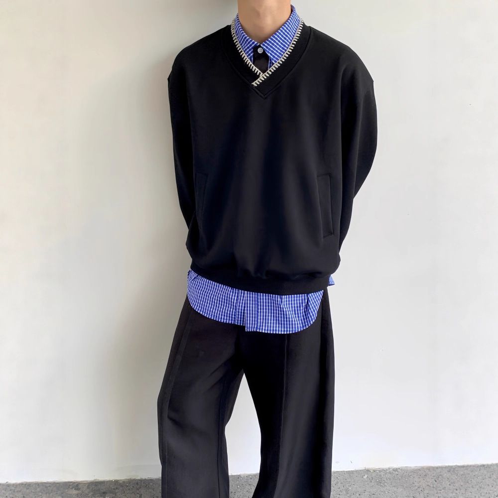 Men's Clothing Retro Japanese Academic Style V-Neck Embroidered Wheat Sweatshirt - Unisex Loose Fit Pullover For Casual Wear (Grey/Black,)_viptrois.com