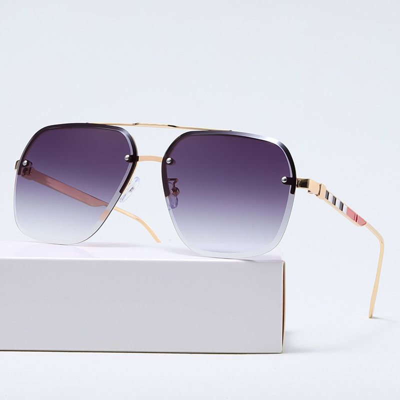 2025 New Metal Double Beam Half Frame Sunglasses Men's Driving Classic Vintage Plaid Printed Sunglasses_viptrois.com