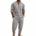 Men's Heavyweight Linen Casual Suit Summer High Street Striped Henley Shirt Joggers Set_viptrois.com