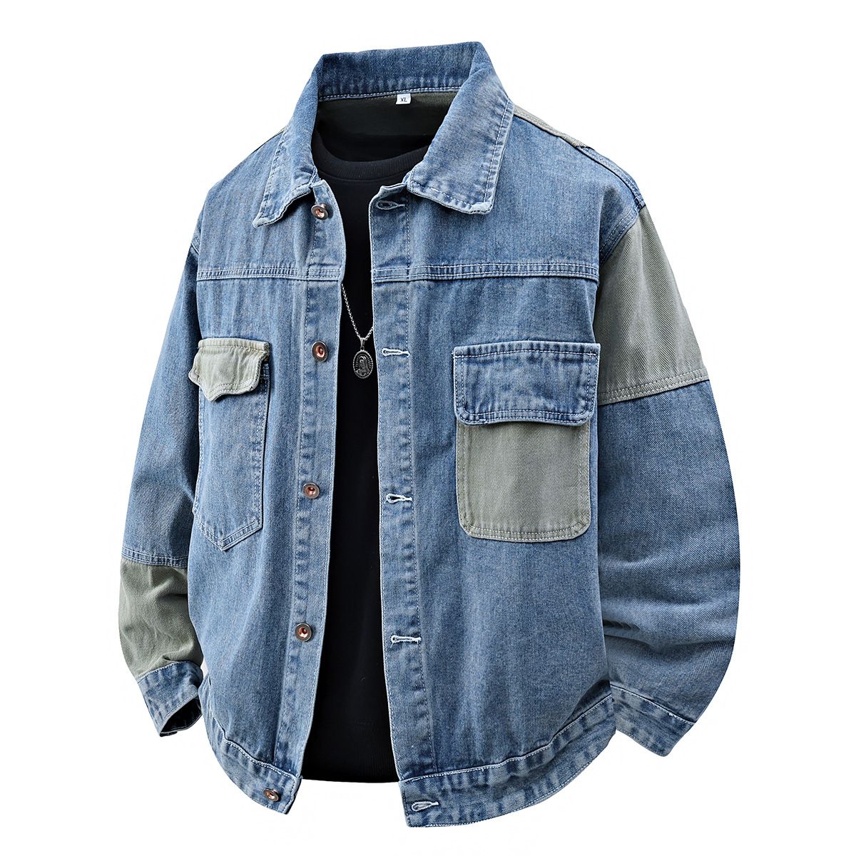 Men's Clothing Spring And Autumn Large Size Patchwork Denim Jacket Men's Long Sleeve Casual Loose Top Douyin Hot Style Fashion Trend Thick Jacket_viptrois.com