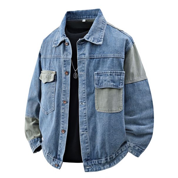 Men's Clothing Spring And Autumn Large Size Patchwork Denim Jacket Men's Long Sleeve Casual Loose Top Douyin Hot Style Fashion Trend Thick Jacket_viptrois.com