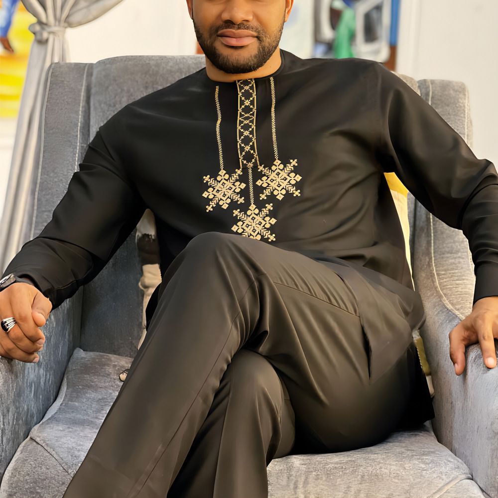 Men's Embroidered Shirt and Solid Drawstring Pants 2 Piece Suit Set_viptrois.com