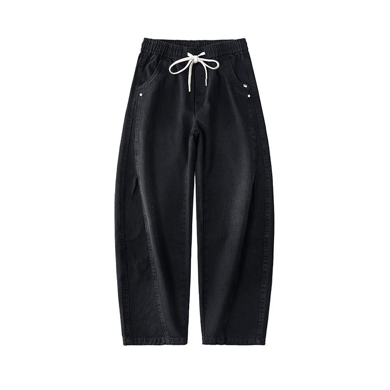 Relaxed Fit Denim Pants – Vintage Washed Straight-Leg Jeans For Men (Black/Grey, 100% Cotton, Adjustable Drawstring Waist, Unisex Streetwear)_viptrois.com