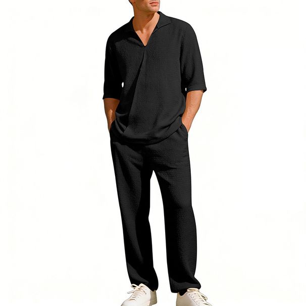 Men's Wrinkle-Resistant Casual Suit Set – Short Sleeve Shirt & Relaxed Fit Pants | Lightweight Polyester For Spring & Summer_viptrois.com