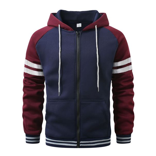 Men's Color-Block Hooded Sweatshirt - Thickened Polyester Zip-Up Jacket For Gym & Casual Wear Fashion Trends_viptrois.com