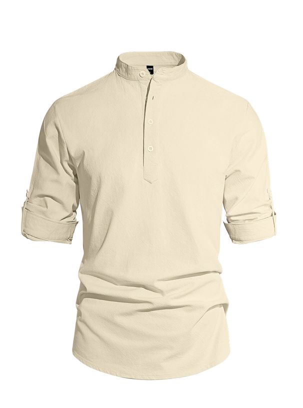 Camisa De Manga Larga De Lino Y Algodón Con Cuello Alto Y Color Sólido Para Hombre, Uso Diario Informal_viptrois.com