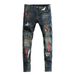 Men's Trendy Slim Fit Jeans Distressed Blue Wash Paint Finish Patchwork Design Slightly Stretchy_viptrois.com