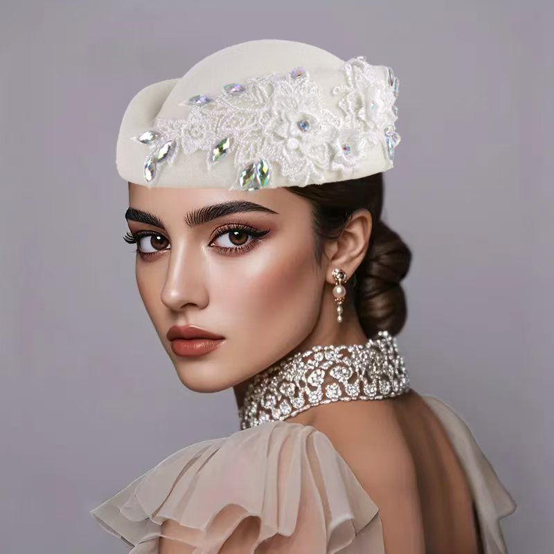 New retro British felt turban hat for women church derby headdress with flower dot diamond ladies soft beret_viptrois.com