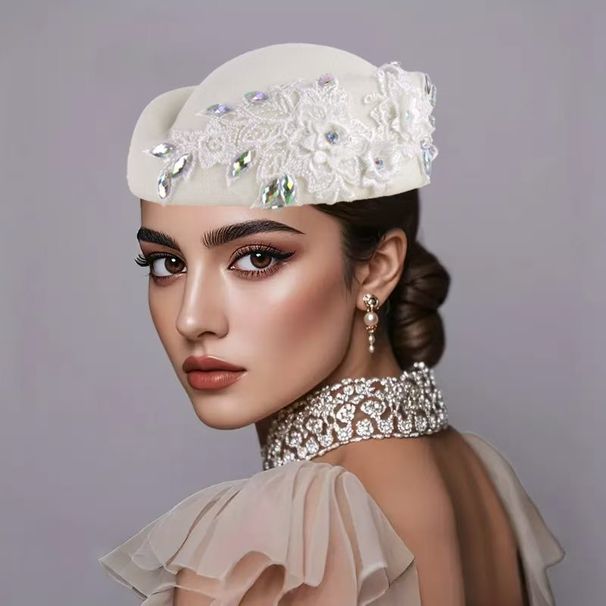 New retro British felt turban hat for women church derby headdress with flower dot diamond ladies soft beret_viptrois.com
