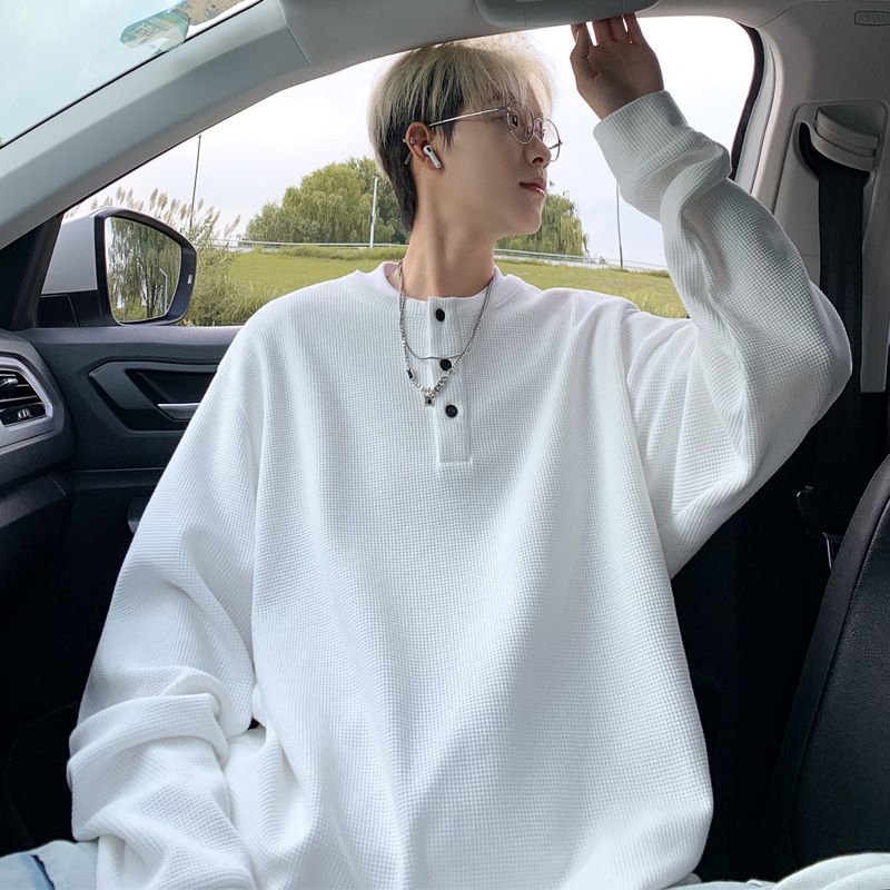 Pulse Henry Collar Waffle Long Sleeve T-Shirt Men, Autumn American Style Heavyweight Base Shirt, High-End Feel, Inner Layer,_viptrois.com