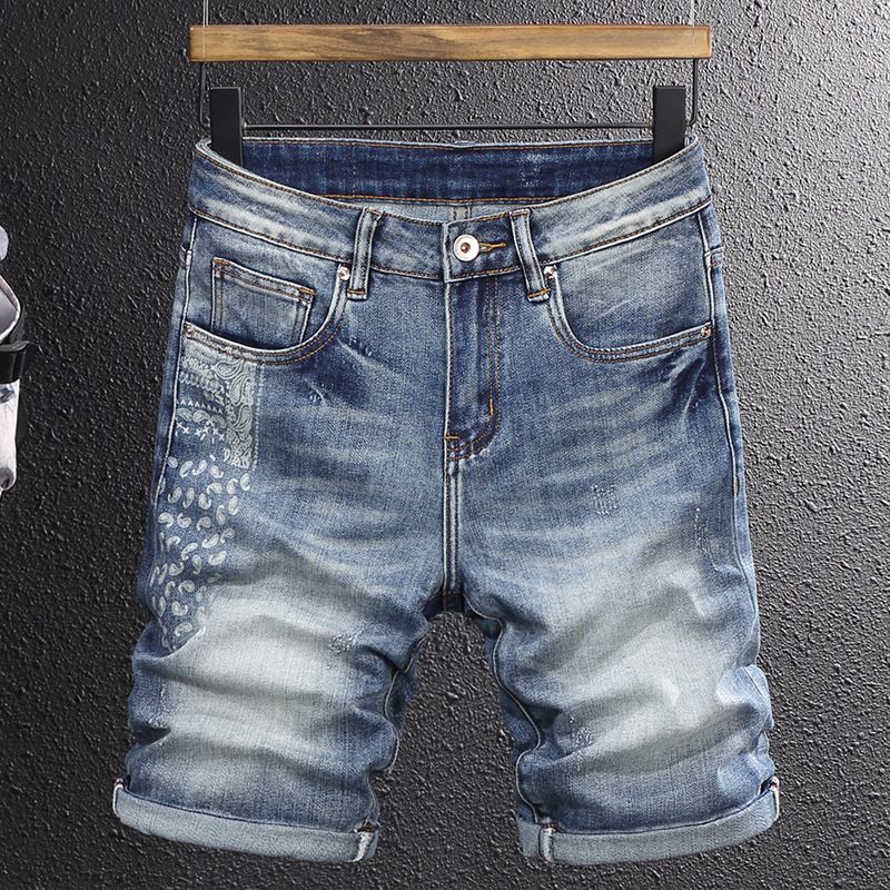 Men's Fashion Light Blue Distressed Denim Shorts Printed Distressed Stretch Slim Fit Denim Shorts Men's Shorts_viptrois.com