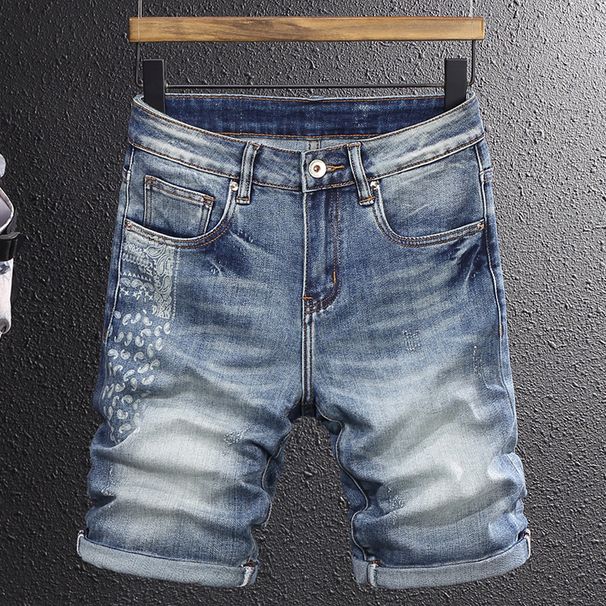 Men's Fashion Light Blue Distressed Denim Shorts Printed Distressed Stretch Slim Fit Denim Shorts Men's Shorts_viptrois.com